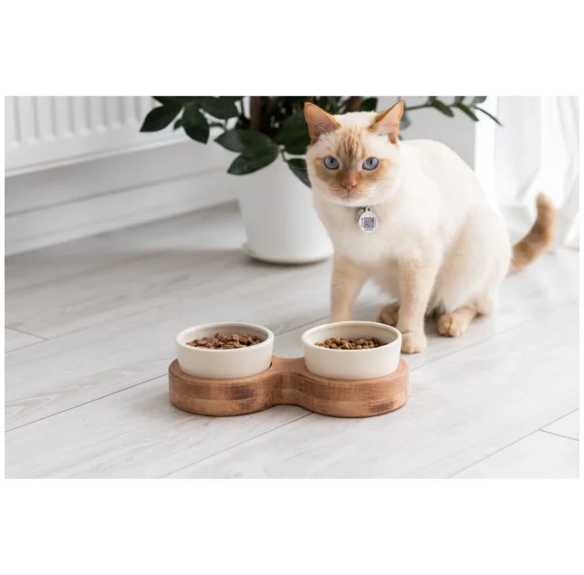 Миски PetJoy для собак та котів, на підставці, коричнево-бежеві, 2×0.25 л, 27×13×7 см