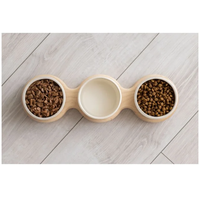 Миски PetJoy для собак та котів, на підставці, біло-бежеві, 3×0.25 л, 43×13×7 см