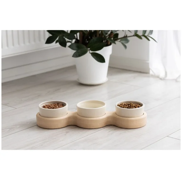 Миски PetJoy для собак та котів, на підставці, біло-бежеві, 3×0.25 л, 43×13×7 см