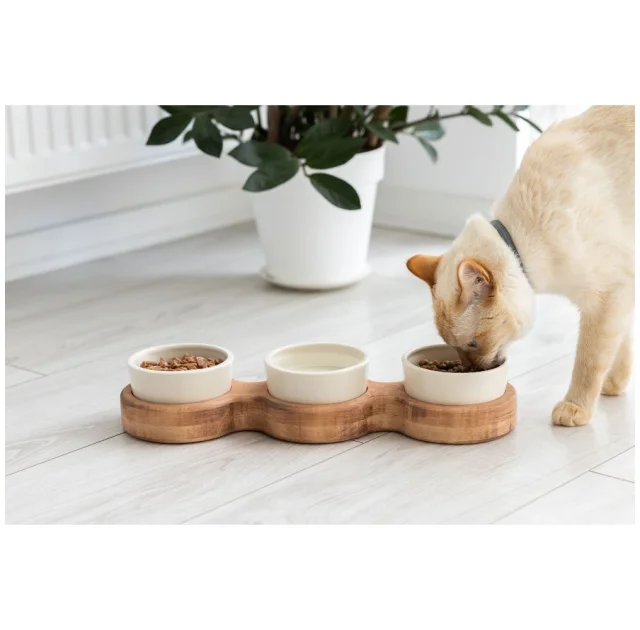 Миски PetJoy для собак та котів, на підставці, коричнево-бежеві, 3×0.25 л, 43×13×7 см