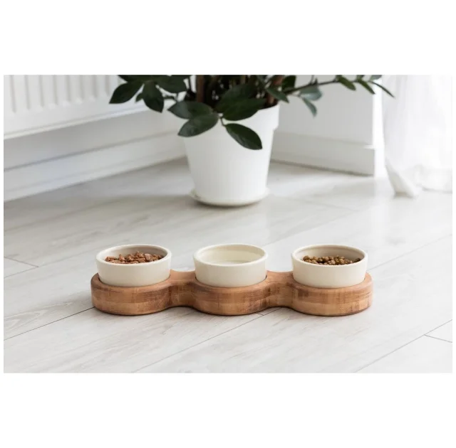 Миски PetJoy для собак та котів, на підставці, коричнево-бежеві, 3×0.25 л, 43×13×7 см