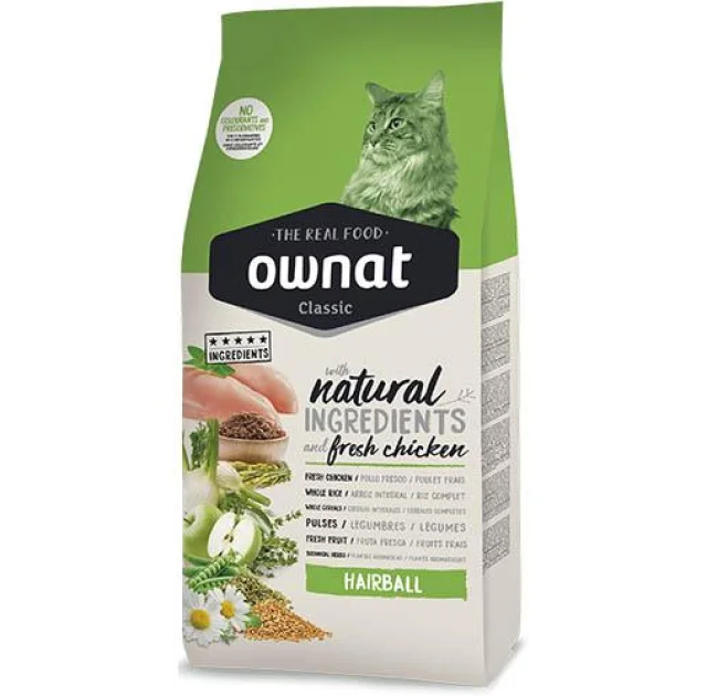 Сухой корм Ownat Classic Hairball для выведения шерсти у кошек, 1.5 кг
