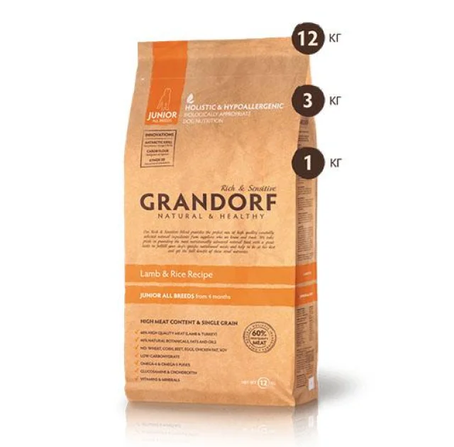 Сухий корм Grandorf Junior Natural & Healthy Lamb & Brown Rice корм для юніорів, з ягням і рисом, 1 кг