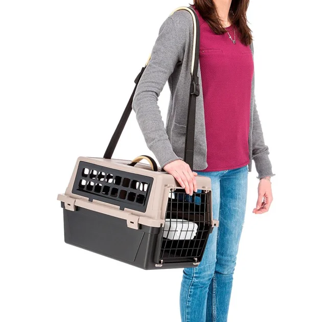 Переноска с ремнем Ferplast Carrier Atlas 20 Trendy Plus для кошек и собак, бежево-чёрная, 58.5×37×32 см