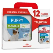 Сухой корм Royal Canin X-Small Puppy для щенков миниатюрных пород до 10 месяцев, 3 кг + 12 паучей в подарок