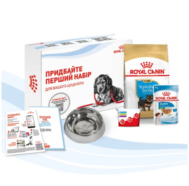 Стартовий набір Royal Canin Yorkshire Puppy для цуценят йоркширського терьера, миска, мірний стаканчик, щоденник, сухий та вологий корм, 500 г + 85 г