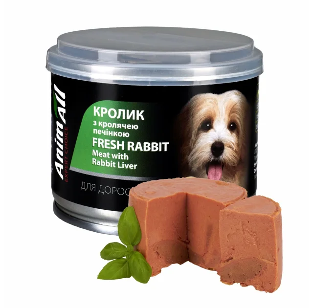 Вологий корм AnimAll для собак, з кролем та кролячою печінкою, 195 г