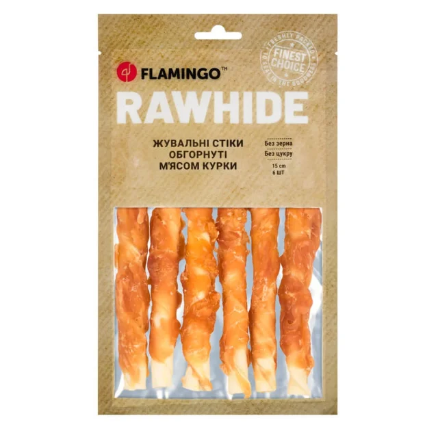 Ласощі Flamingo СНЕК R'HIDE, жувальні стіки з яловичої шкіри, обгорнуті м'ясом курки, для собак, 180 г (6 шт, 15 см)