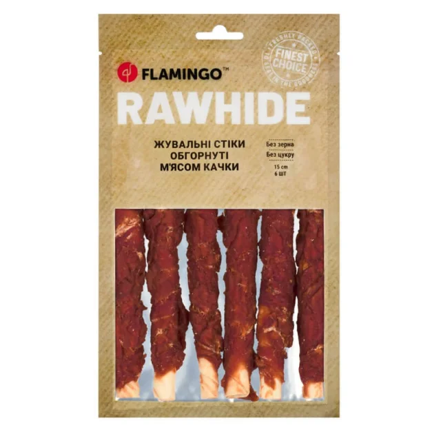 Ласощі Flamingo СНЕК R'HIDE, жувальні стіки з яловичої шкіри, обгорнуті м'ясом качки, для собак, 180 г (6 шт, 15 см)