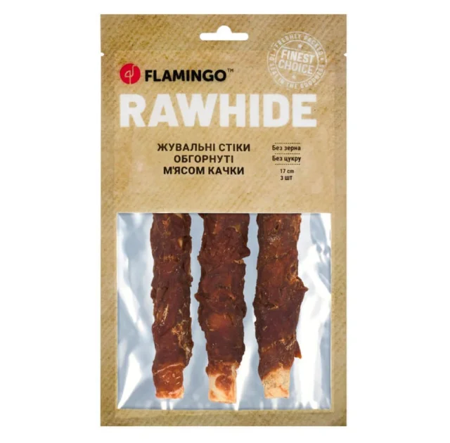 Ласощі Flamingo СНЕК R'HIDE, жувальні стіки з яловичої шкіри, обгорнуті м'ясом качки, для собак, 155 г ( 3 шт, 17 см)