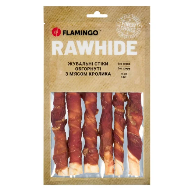 Ласощі Flamingo СНЕК R'HIDE, жувальні стіки з яловичої шкіри, обгорнуті м'ясом кролика, для собак, 180 г (6 шт, 15 см)