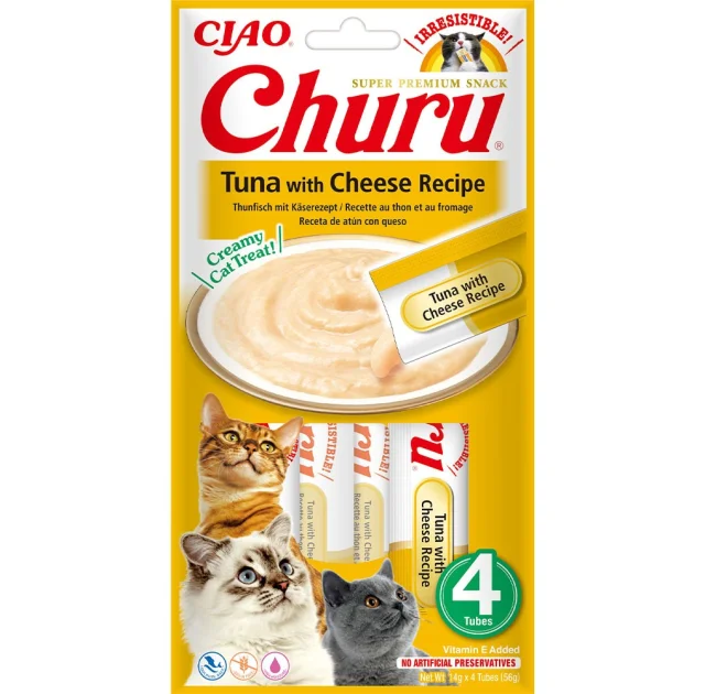 Лакомства INABA Churu для кошек, сливочный мусс в стиках, тунец с сыром, 56 г