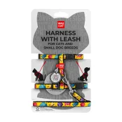 Шлея WAUCAT Nylon з повідцем для котів та дрібних собак, нейлонова, з QR паспортом, малюнок "Мохнаті монстри", пластиковий фастекс, XS, 1 см, 25-40 см, 20-30 см